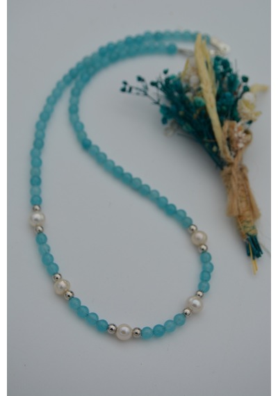 Stoneage Jade Ve Incili Kadın Doğal Taş Kolye Gri