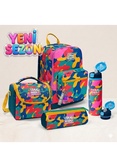 Kids Desenli 4 Lü Okul Çanta Seti Tek Renk