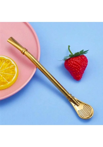 Paslanmaz Çelik Süzgeçli Tekrar Kullanılabilir İçecek Kaşığı Pipet, Gold