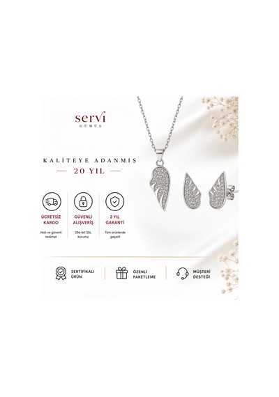 Servi 925 Ayar Gümüş Zirkon Taşlı Zarif Melek Kanadı Kolye Ve Küpe Seti-495