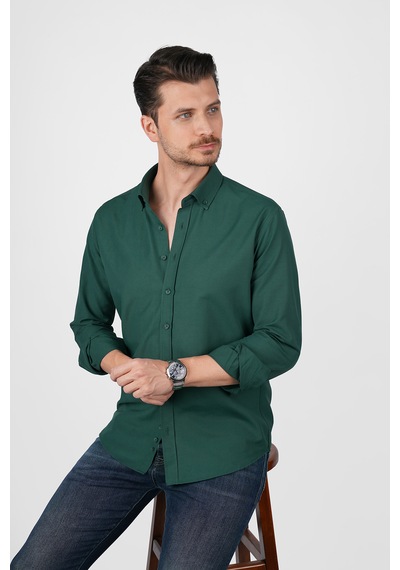 Koyu Yeşil Yaka Düğmeli Premium Şamre Slimfit Erkek Gömlek Koyu Yeşil