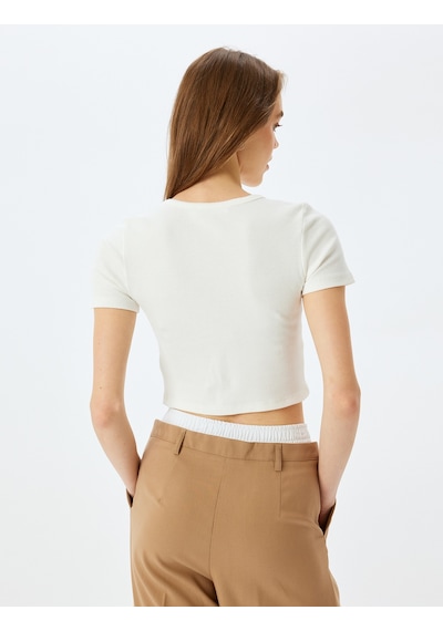 Koton Basic Kısa Kollu Bisiklet Yaka Slim Fit Crop Kaşkorse Tişört Ekru 5sal10049ık Ekru