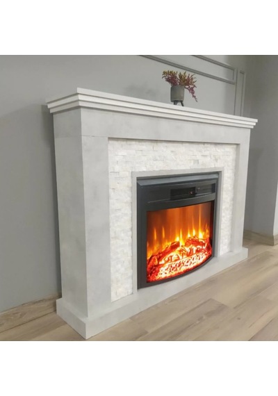 Elektrikli Şömine 1800W Gri Beton İçine Beyaz Doğal Taşlı Dekorat