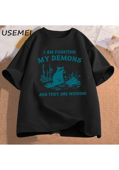 Flood Of Style Ben Benim Demons Rakun Meme T Shirt Mücadele Ediyorum Komik Grafik Baskılı Tişört Erkek Kadın Siyah
