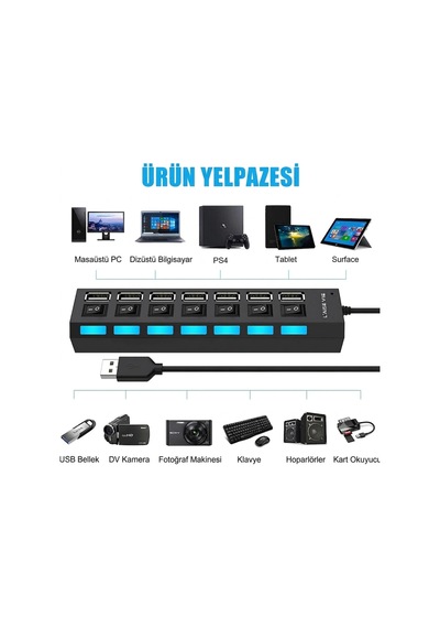 7 Port Usb Hub Çoğaltıcı - Işıklı Ve Açmakapama Anahtarlı Çoklu Usb 2.0 Adaptör Tak&çalıştır