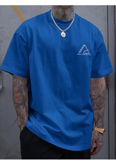 Unisex Think Outside The Box Baskılı Oversize Tshirt Mavi