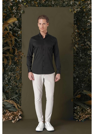 Efor Slim Fit Düğmeli Yaka Esnek Pamuk Klasik Siyah Gömlek Gk 708 Siyah