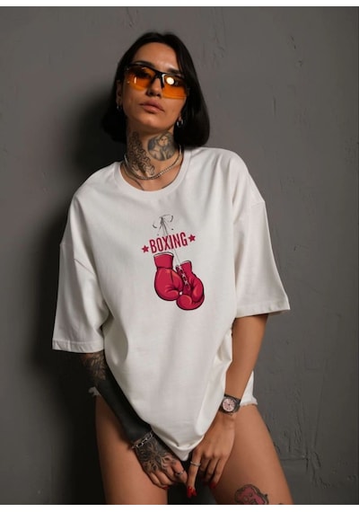 Kadın Bisiklet Yaka Boks Eldiven Baskılı Oversize T-shirt - Beyaz