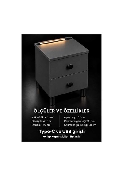 Modern Çekmeceli Komodin, Type-c Ve Usb Girişli, Led Işıklı Başucu, Yatak Odası, Koltuk Yanı Sehpası Gri - 931981058 Gri