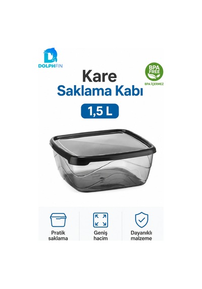 Kare Saklama Kabı 1,5 Litre Füme Şeffaf Siyah Kapaklı Buzdolabı Kabı Bpa İçermez
