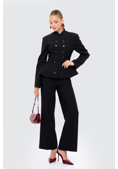 Thalure Kadın Siyah Kruvaze Düğmeli Peplum Blazer