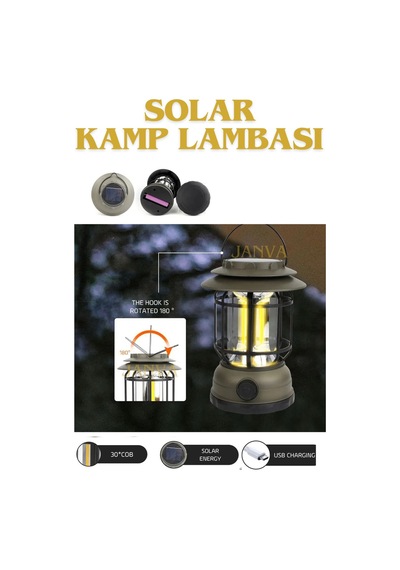 Janva Solar GÜneş Enerjili Nostaljik Işığı Ayarlanabilir Ledli Kamp Feneri Lamba Işıldak Usb Şarjlı 18650 Yeşil