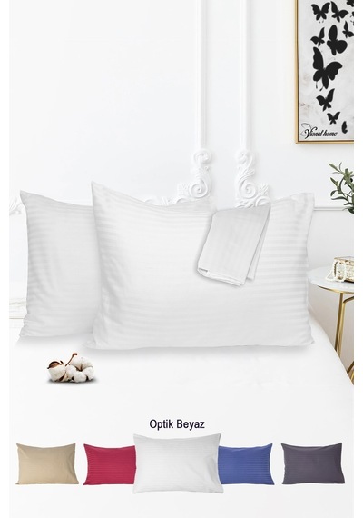 Vionel Home Pamuklu Çizgili Saten Yastık Kılıfı Beyaz 2'li 50 x 70