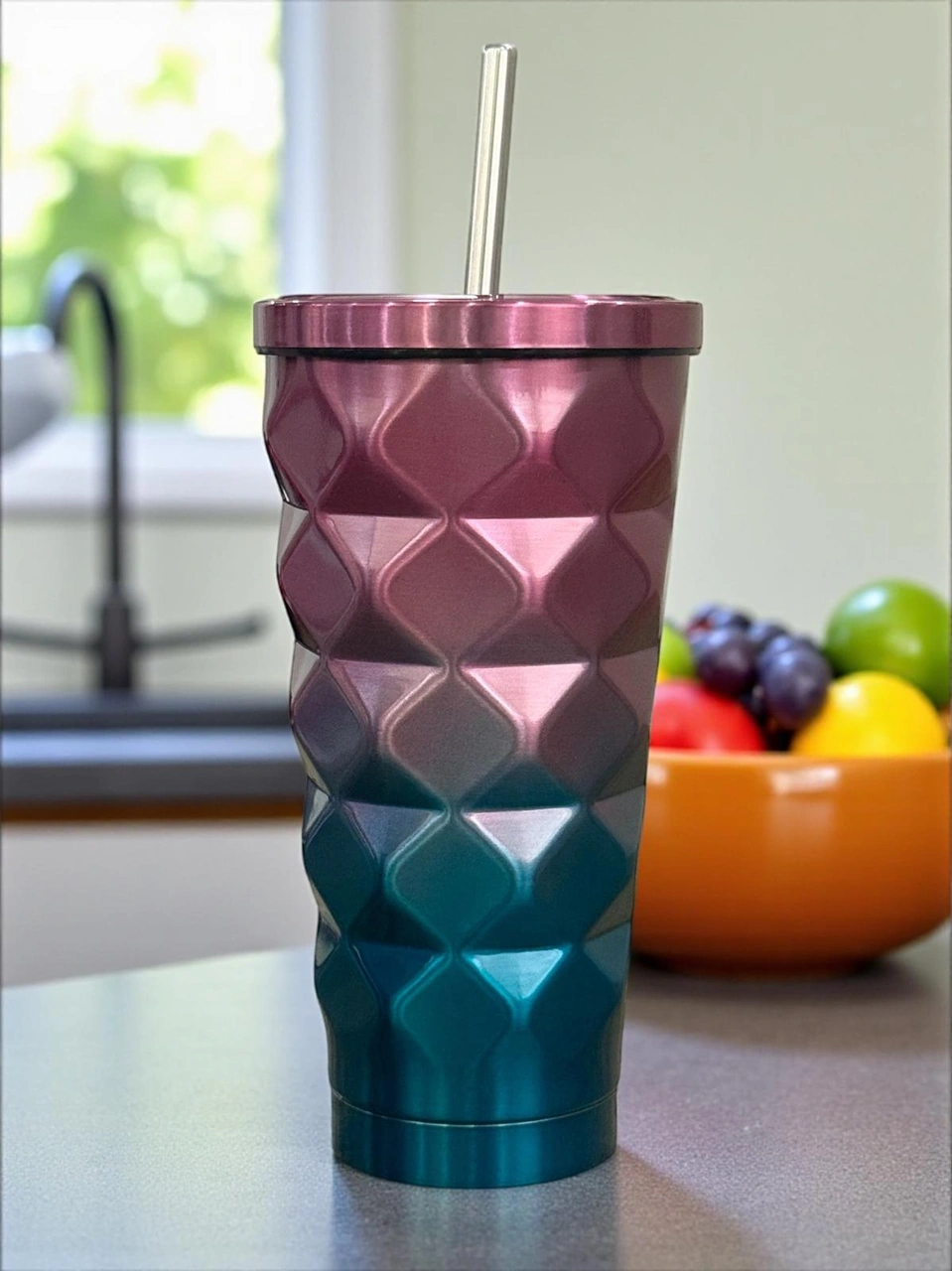 Blueberry Renkli Geometrik Pipetli Termos 500 Ml-soğuk Ve Sıcak İçecekler İçin Lacivert - Kırmızı