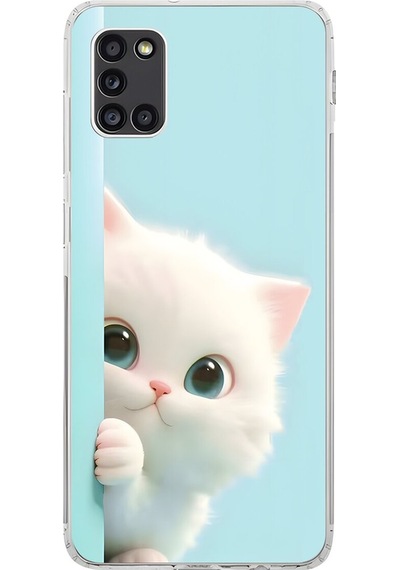 Samsung Galaxy A31 Uyumlu Şeffaf Kılıf 2 Peluş Kedi Tasarımlı