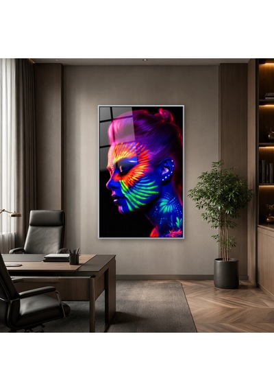 Neon Boyalı Kadın Profili Gümüş Çerçeveli Cam Tablo