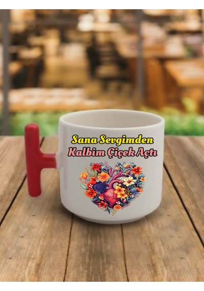 Sana Sevgimden Kalbim Çiçek Açtı Kahve Bardağı Kupa Bardak - Seramik Çay, Kahve Hediyelik Bardağı Beyaz