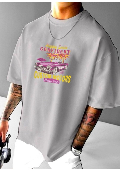 Custom Motor Baskılı Oversize Tişört Gri