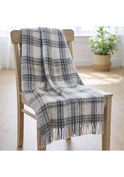 Merinos Cozy Life Pamuklu Skoç Püsküllü Tv Battaniyesi Pland, Gri, Bej Gri - Bej
