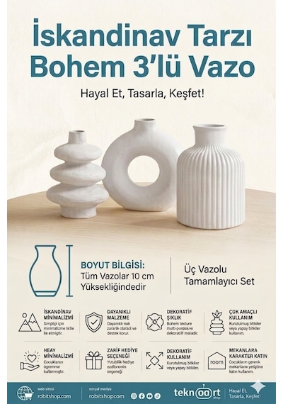 İskandinav Tarzı Bohem 3'lü Vazo 10 Cm. Beyaz