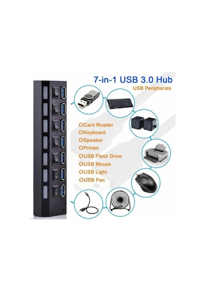 7 Port Usb 3.0 Çoklayıcı Hub Anahtarlı Işıklı On Off Chipli Model (533632142)