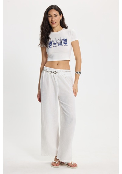 Tudors Kadın Slim Fit Dar Kesim Pamuk Bisiklet Yaka Kısa Kollu Baskılı Ekru Crop Tişört-50535 L
