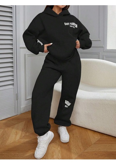 Siyah East Hampton Baskılı Kapüşonlu Sweatshirt Ve Eşofman Altı Eşofman Takımı Siyah Siyah East Hampton Baskılı Kapüşonlu Sweatshirt Ve Eşofman Altı Eşofman Takımı Siyah