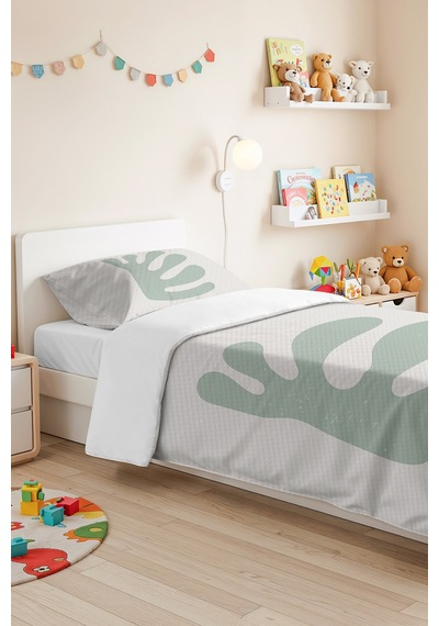 Minimal Yaprak Yeşil Genç Odası Tek Kişilik Pike Takımı - Modern 160x220 Cm Kapitone Yatak Örtüsü Gizli Tül Kırığı