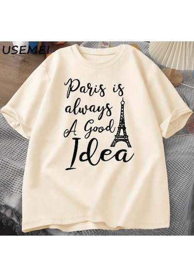 Flood Of Style Erkekler T En Kaliteli Baskı Paris T-shirt Rahat Tatil Moda O Boyun Kazak Pamuk Kısa K Haki