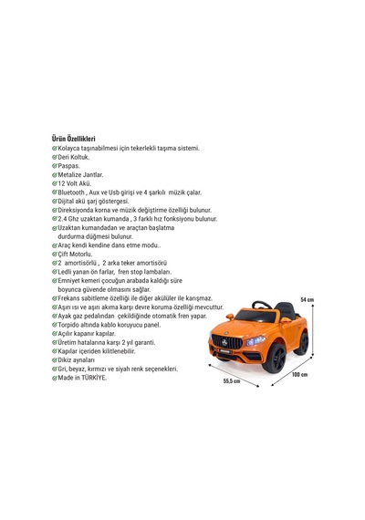 Maestro Gt 4x2 12v Akülü Uzaktan Kumandalı Emniyet Kemerli 2x Arka Süspansiyonlu Çocuk Akülü Araba Turuncu