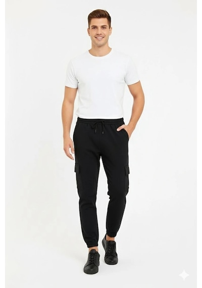 Veraura Lifestyle Erkek Siyah Jogger Eşofman Altı Rahat Kalıp, Kargo Cepli, Lastikli Paça, Günlük Spor Pantolon - Siyah