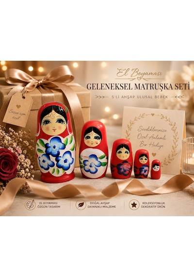 İç İçe Geçen Dekoratif Oyuncak 5'li Ahşap Matruşka Rus Bebek Seti El Boyama Ev Dekoru Hediye Kırmızı Hediyelik Eşya