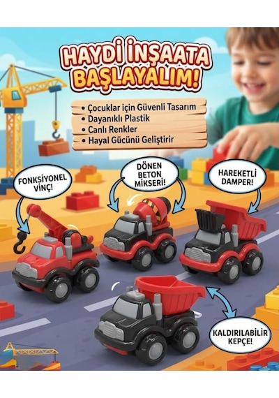 4lü İnşaat Seti 10 Cm Kamyon Kepçe Mikser Vinç Eğitici Oyuncak İş Makinesi Seti