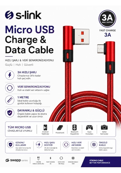 S-link Sw-c555 Micro Usb Hızlı Şarj Ve Veri Aktarım Kablosu 1 Metre Kırmızı