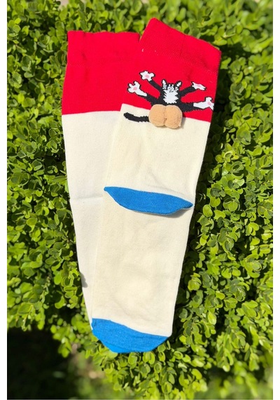 Lousocks Unisex Kırmızı Krem Renk Bloklu Kedi Desenli Ponpon Soket Çorap