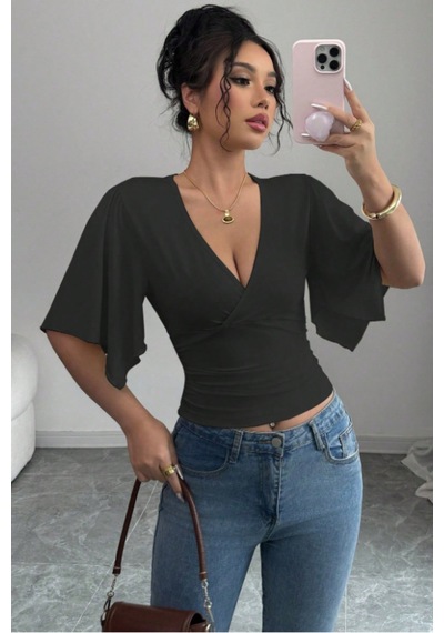Kadın Kruvaze Yaka Yarasa Kol Likralı Şık T-shirt Siyah