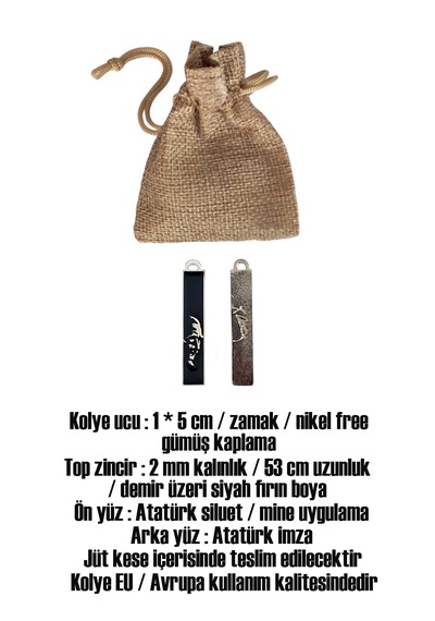 Mustafa Kemal Atatürk Silüetli Siyah Mineli Özel Tasarım Kolye İmzalı Arka Yüz Unisex Gümüş - Siyah