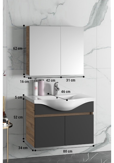 Yıldız 80 Cm Atlantik Çam-Antrasit Gri Mat Mdf Seramik Lavabolu A Antrasit - Atlantik Çam