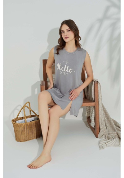 Guava Kadın Bisiklet Yaka Viskon Yırtmaç Detaylı Mini Gecelik Elbise - Homewear Gri