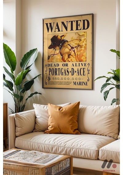 One Piece Portgas D Ace Wanted Poster, Siyah Çerçeveli Duvar Tablosu - Anime Severlere Özel Hediye