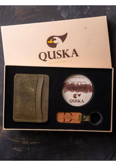 Quska Kişiye Özel İsimli El Yapımı Hakiki Deri Yeşil Kartlık+anahtarlık Hediyelik Set- Grain Minimal Yeşil
