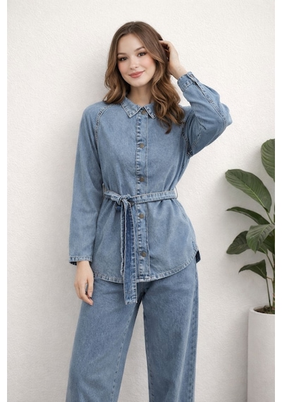 Hiramir Kadın Modern Kesim Kuşaklı Denim Takım Yz2601 Mavi