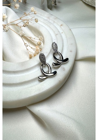 Luxury Collection Damla Tasarım Zirkon Taşlı Gümüş Renk Çelik Küpe Gümüş