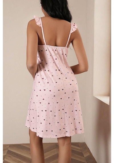 Bella Notte Romantik Kalp Desenli Volan Askılı Gecelik Pembe
