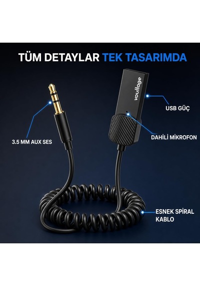 Lexroo Bluetooth 5.4 Araç Aux Adaptörü, 3.5 Mm Jack Araç Ses Kiti