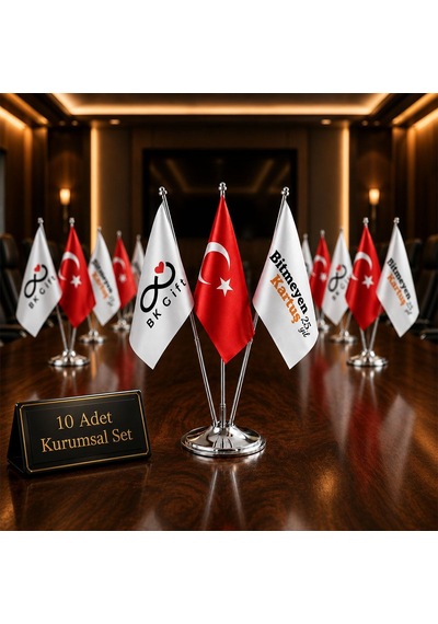 Bk Kurumsal Logonuza Özel 10 Adet Üçlü Masaüstü Bayrak Seti Türk Bayrağı Ve 2 Adet Firma Logolu Bayrak 33 Cm Beyaz