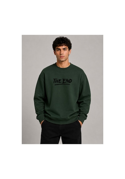 Herkesemoda The End Baskı Detaylı Bisiklet Yaka Şardonlu 2 İplik Sweatshirt Yeşil