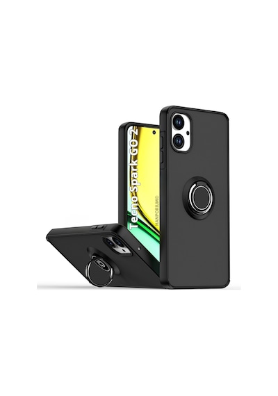 Tecno Spark Go 2 Uyumlu Kılıf Yüzüklü Standlı Extra Darbe Koruma Sert Silikon Kapak - Siyah