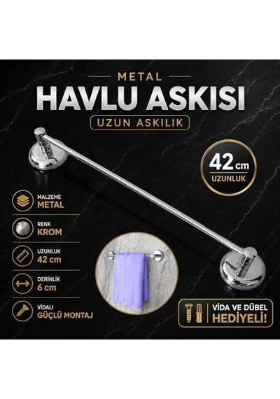 Metal Krom Bez Havlu Asma Askısı Aparatı 42 Cm Banyo Lavabo Vidalı Askılık Sağlam Askı Diğer
