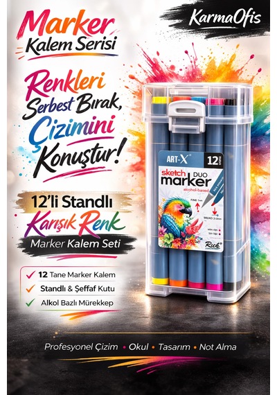 12'li Standlı Alkol Bazlı Çift Uçlu Marker Kalem Seti - Profesyonel Çizim & Tasarım Kalemi